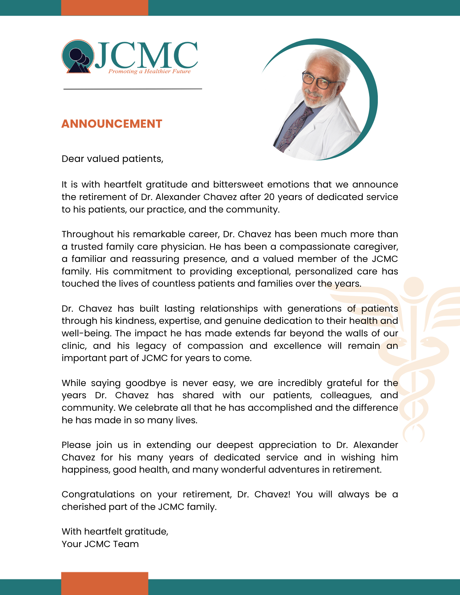 Dr. Alexander Chavez Retirement Announcement Letter