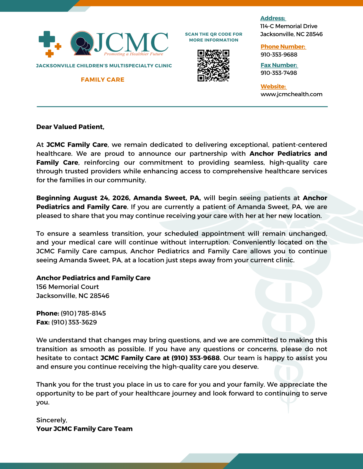 JCMC Family Care Amanda Sweet, PA Announcement Letter