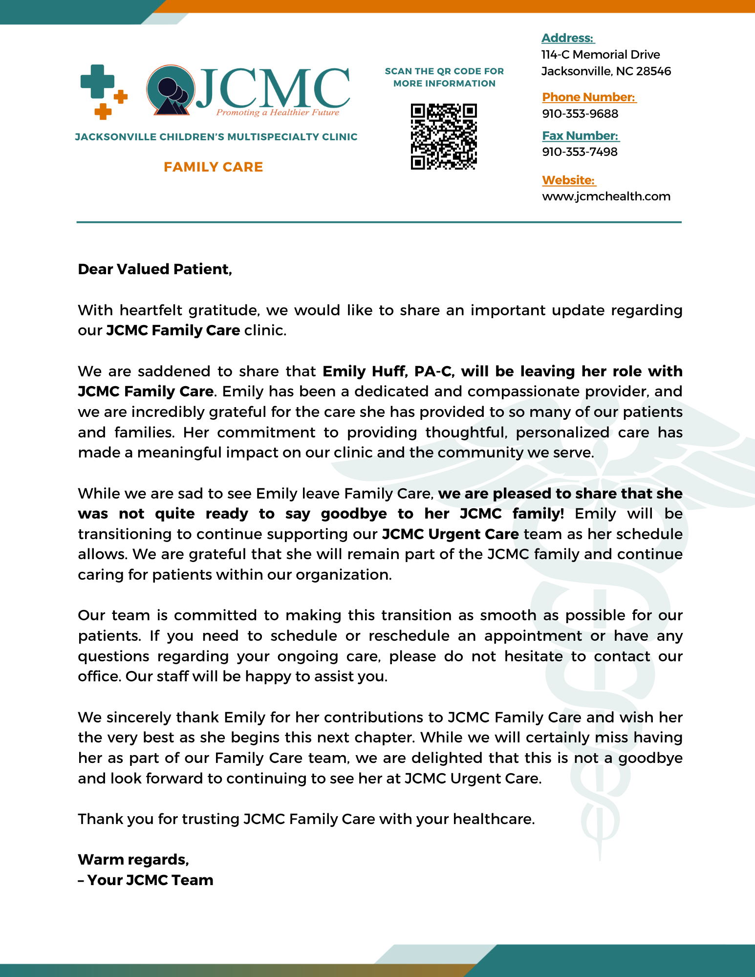 JCMC Family Care Emily Huff, PA-C Departure Transition Letter