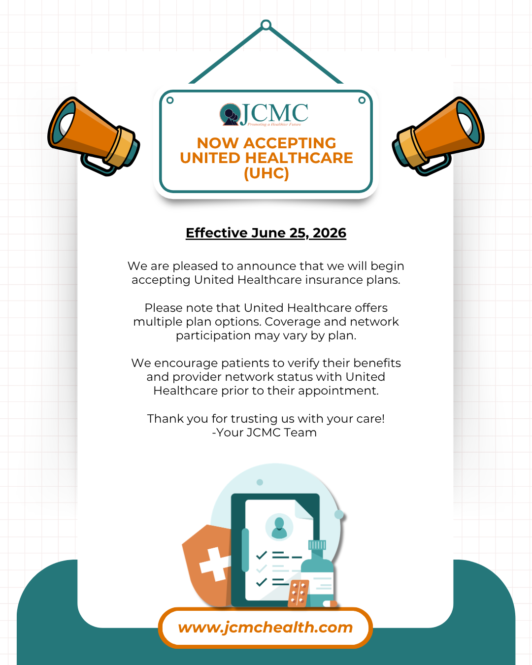 1080x1350px JCMC Now Accepting United Healthcare (UHC) 1080x1350px JCMC Now Accepting United Healthcare (UHC)