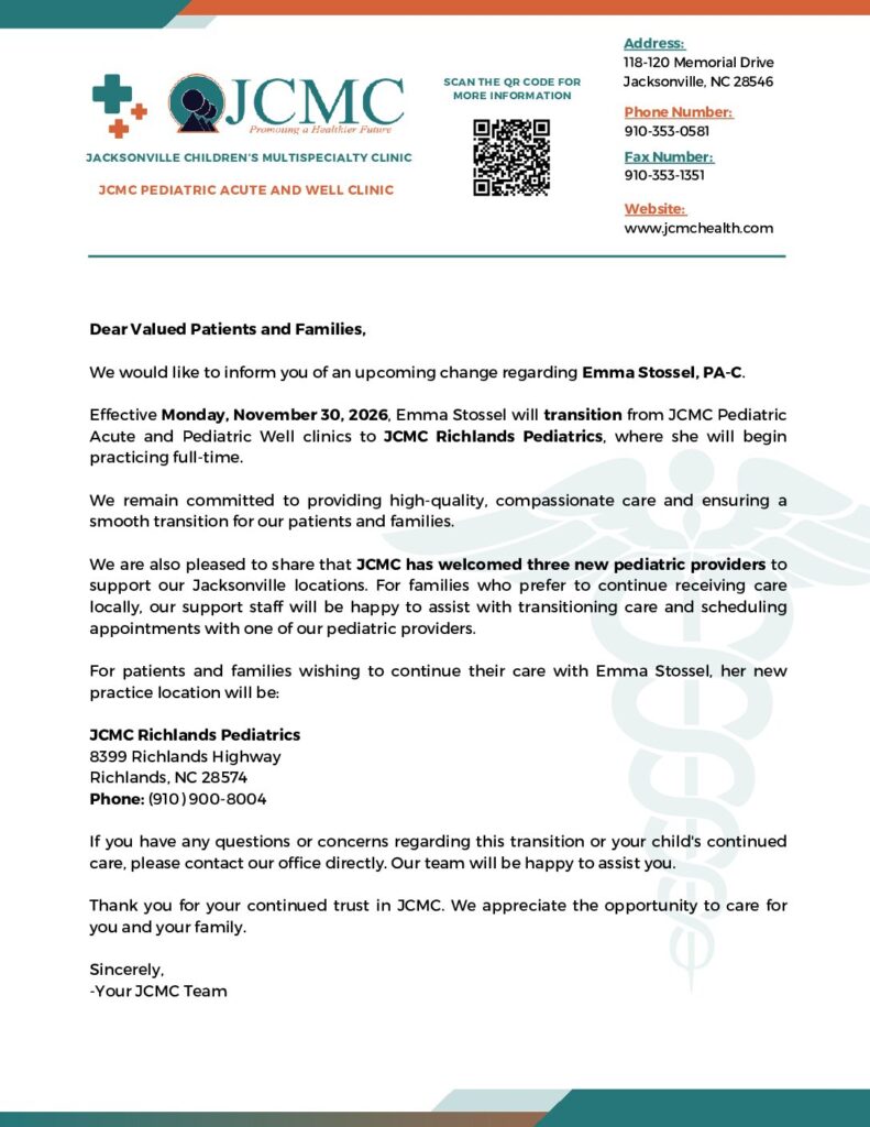 JCMC Acute and Well Clinic – Emma Stossel, PA-C Transition Letter
