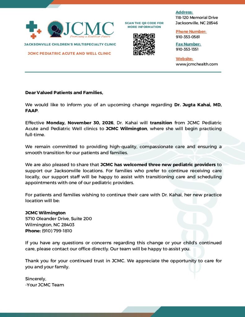 JCMC Acute and Well Clinic – Jugta Kahai, MD Transition Letter